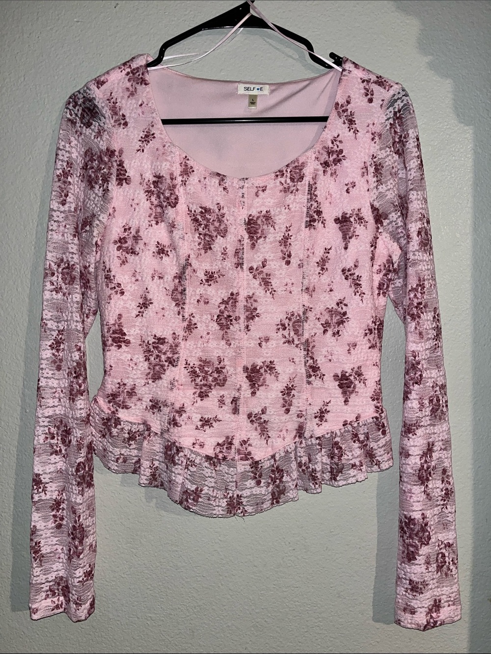 Pink Floral Ruffle-Hem Long Sleeve Top